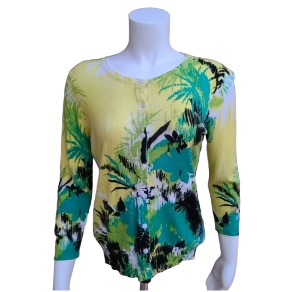 Tropical Floral Lightweight Cardigan Sweater PM Yellow Green Button Front 3/4 - Picture 2 of 15